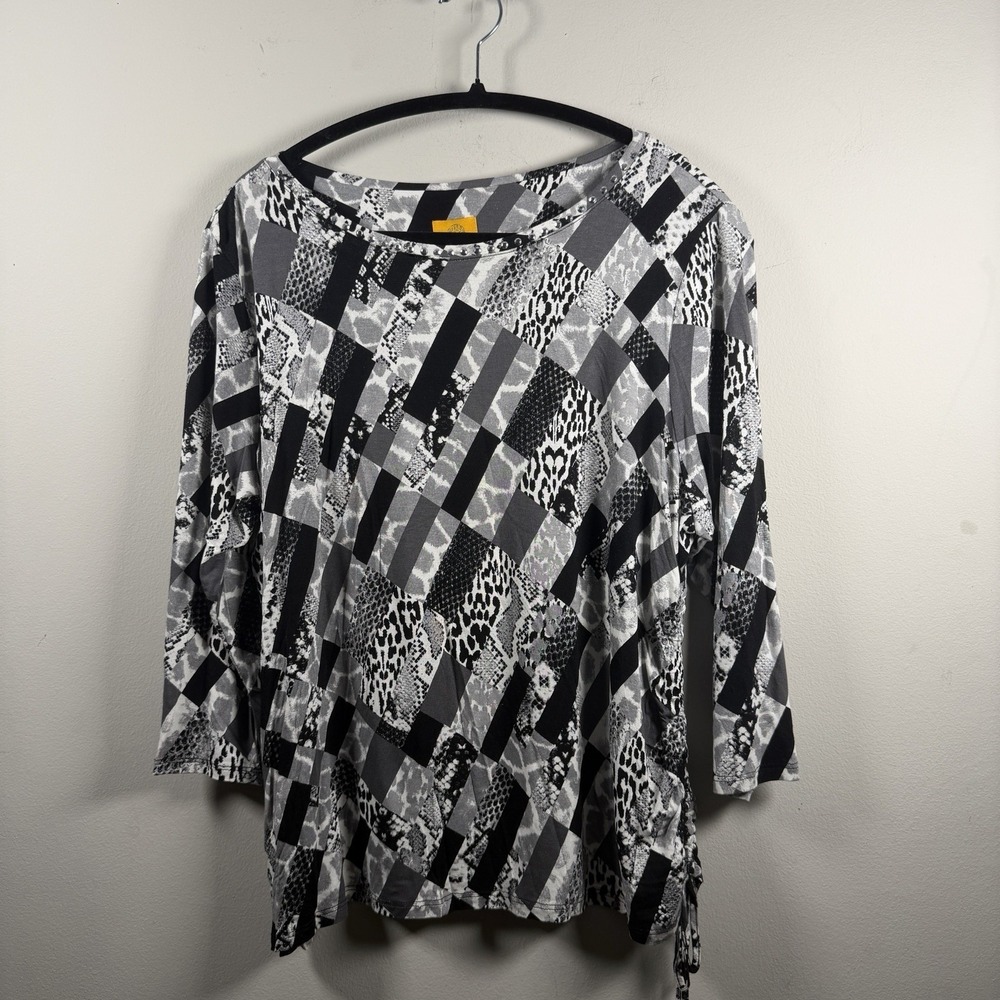 Ruby Rd Women's PXL Shirt Black 3/4 Sleeve Stylish Tunic Top Black White Animal